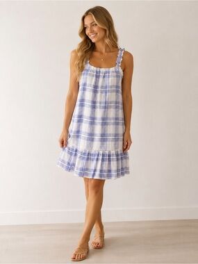 Anthropologie Cloth & Stone Blue Plaid Ruffle Strap Mini Dress | Size Medium